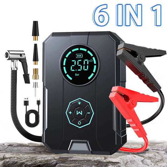 6 IN 1 Car Jump Starter Emergency Air Pump Portable Air Compressor Multi-function Tire Inflator Auto Portable Battery Starter