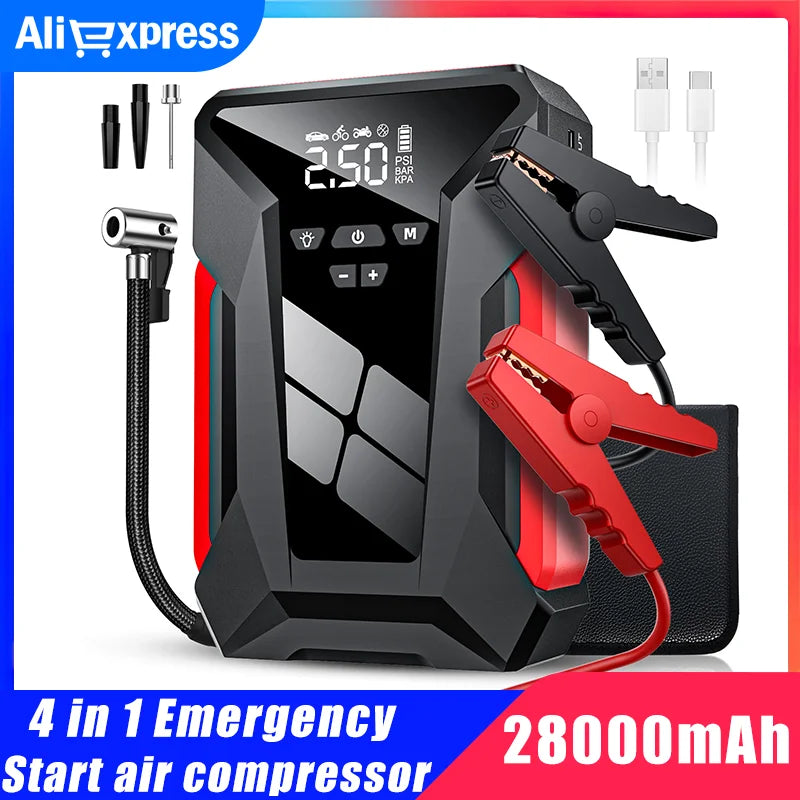 28000mAh Car Jump Starter Multifunctional Automotive Emergency Power 150PSI Tire Inflator Powerbank Air Pump With Bag