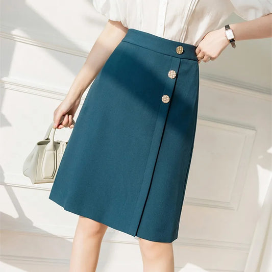 Ladies Elegant A-line Skirts New Arrival 2021 Summer Korean Style Solid Color High Waist Women Knee-length Pencil Skirts W433