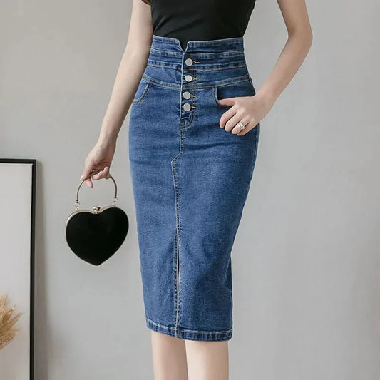 Fashion Split Denim Skirt Woman 2023 Summer Korean Style High Waist Button Blue Midi Skirt Women Elegant Office A-line Skirts