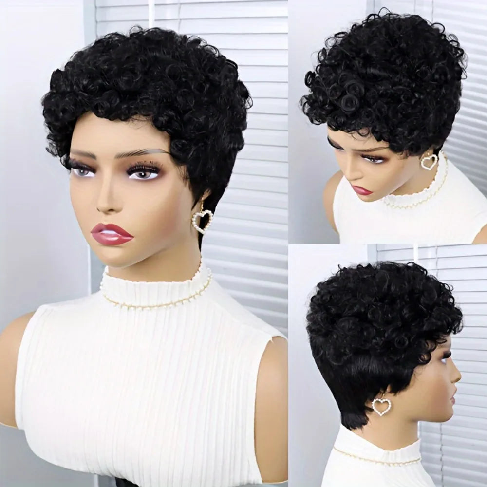 6inch machine made Short Curly Hair Wigs Pixie Cut Human Hair Wigs Wig Full Machine Made Human Hair Wig