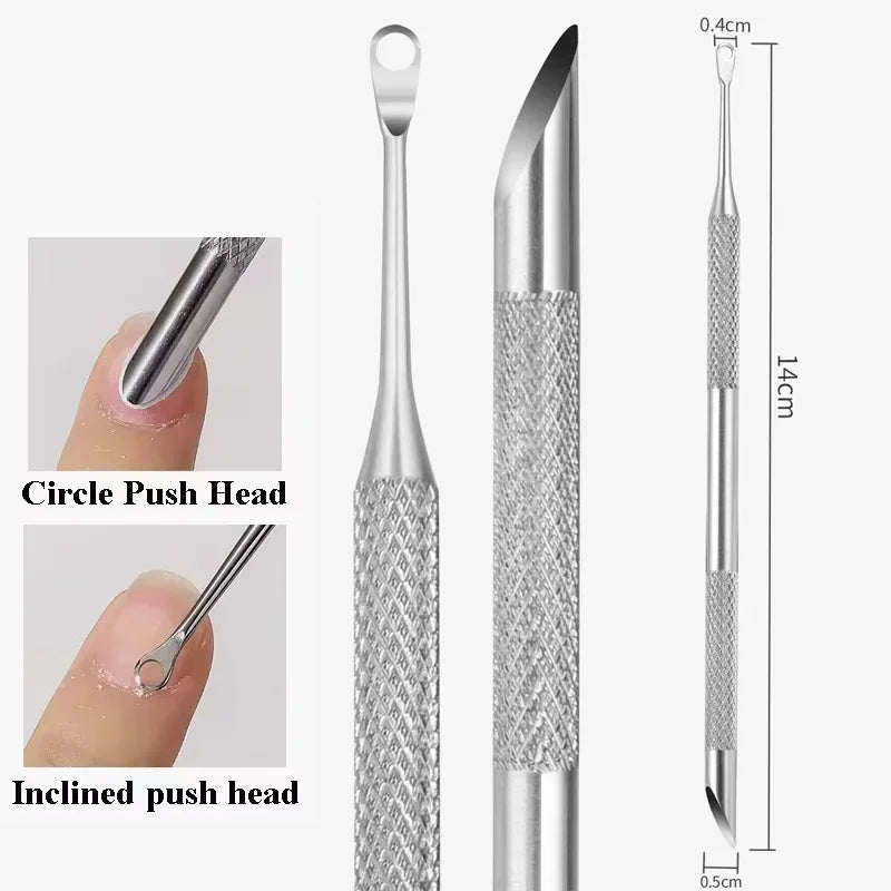 1PC Nail Double-ended Use Stainless Steel Circle Beveled Head Cuticle Pusher Remover Dead Skin Manicure Sticks Nail Care Tool