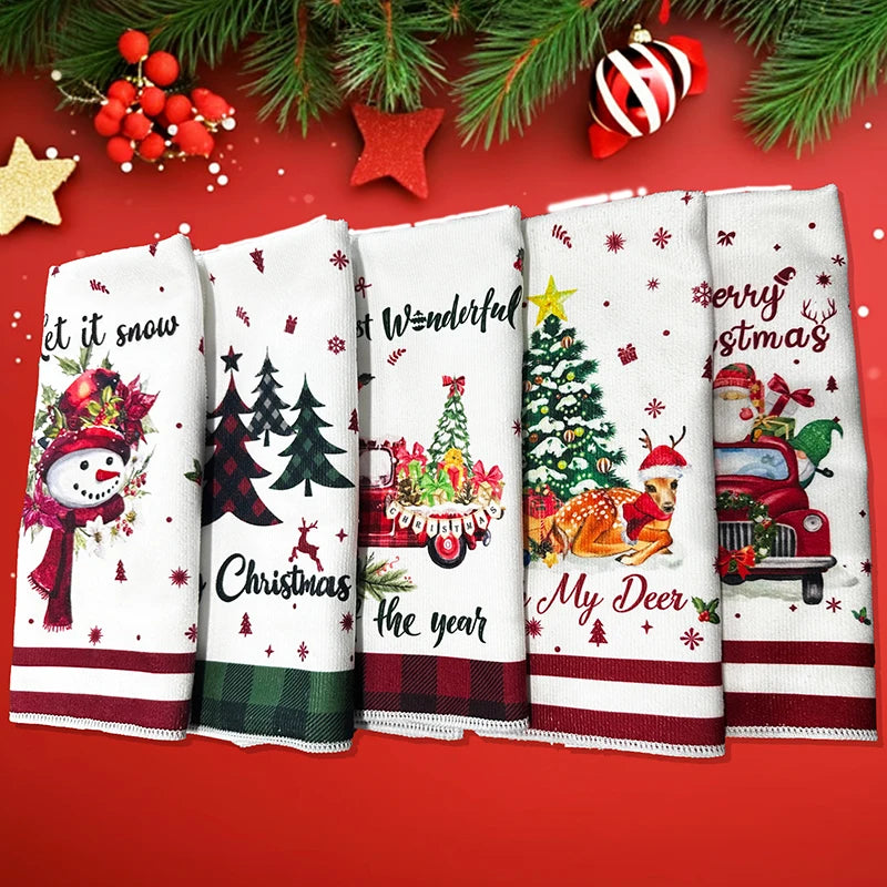 5 packs of soft and comfortable Christmas towels, cartoon Christmas patterns with good water absorption, Christmas decorations,