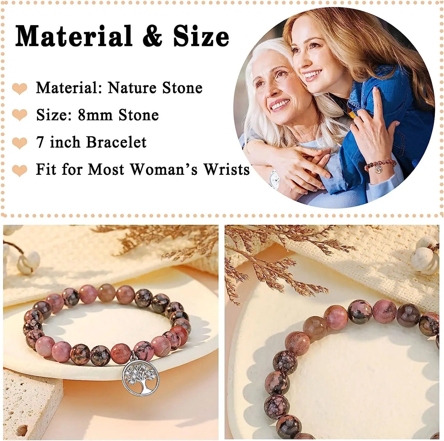 Purple Agate Bracelet Life Tree Card, Rhodochrosite Beaded Natural Stone Bracelet, Nana/Grandma/Mom Birthday Christmas Day Gifts