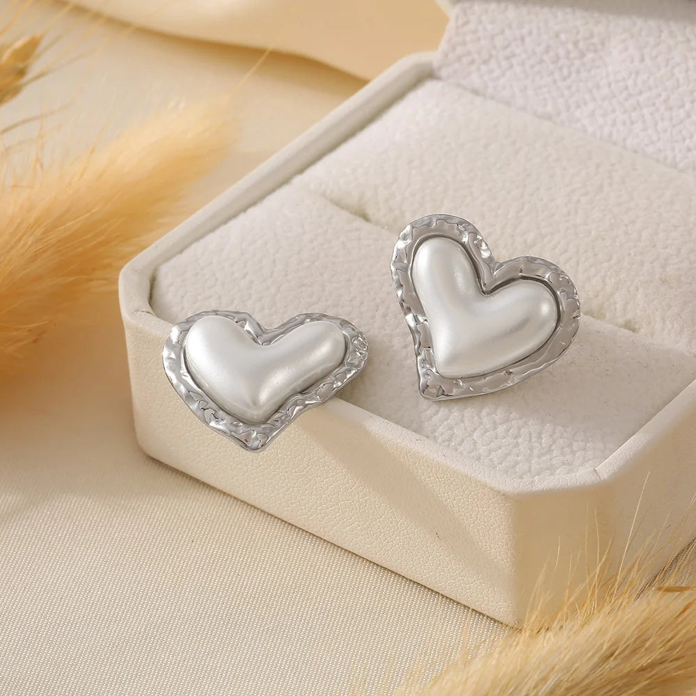 Trendy Stainless Steel Heart Stud Earrings For Women Plastic Pearl Earrings Women Wedding Waterproof Jewelry Gifts