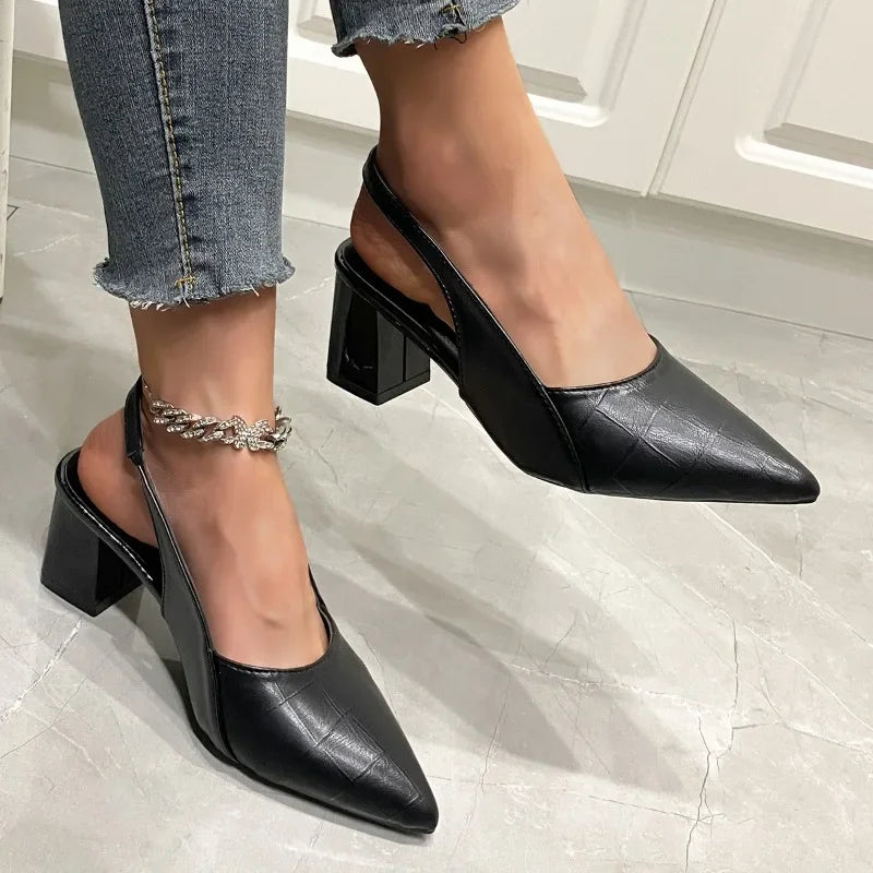 2024 New Hot Selling Summer Women's Pointed Toe High Heels Medium Thick Heel Sandals Summer New Women's Single Shoes Zapatos