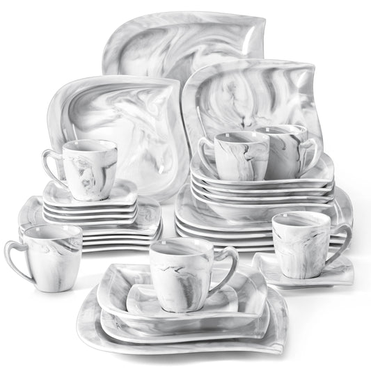 30-Piece MALACASA Marble Grey Porcelain Dinnerware Set with 6*Dinner Plate,Dessert Plate,Soup Plate,Cup&Saucer Tableware Set