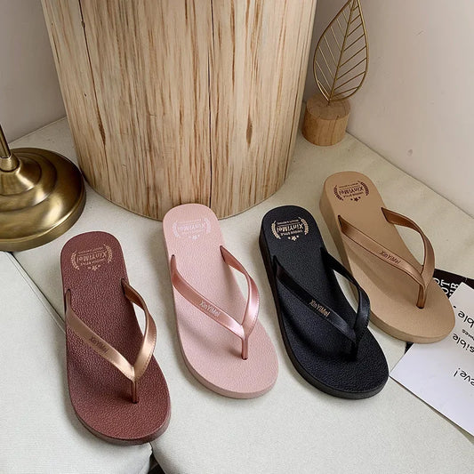 Women Flip Flops Wedges Casual Shinny Beach 3.5 Cm Height PVC Solid Summer Outside Slippers Soft Shoes