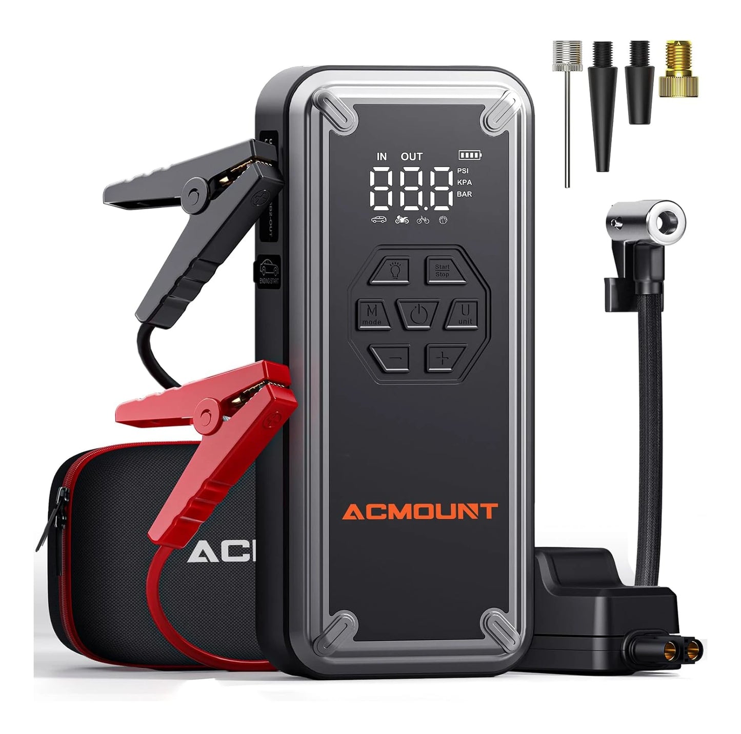 ACMOUNT 5-in-1 Car Jump Starter, 3000A Battery Jumper with 150PSI Tire Inflator, LED Light & Screen for Emergency