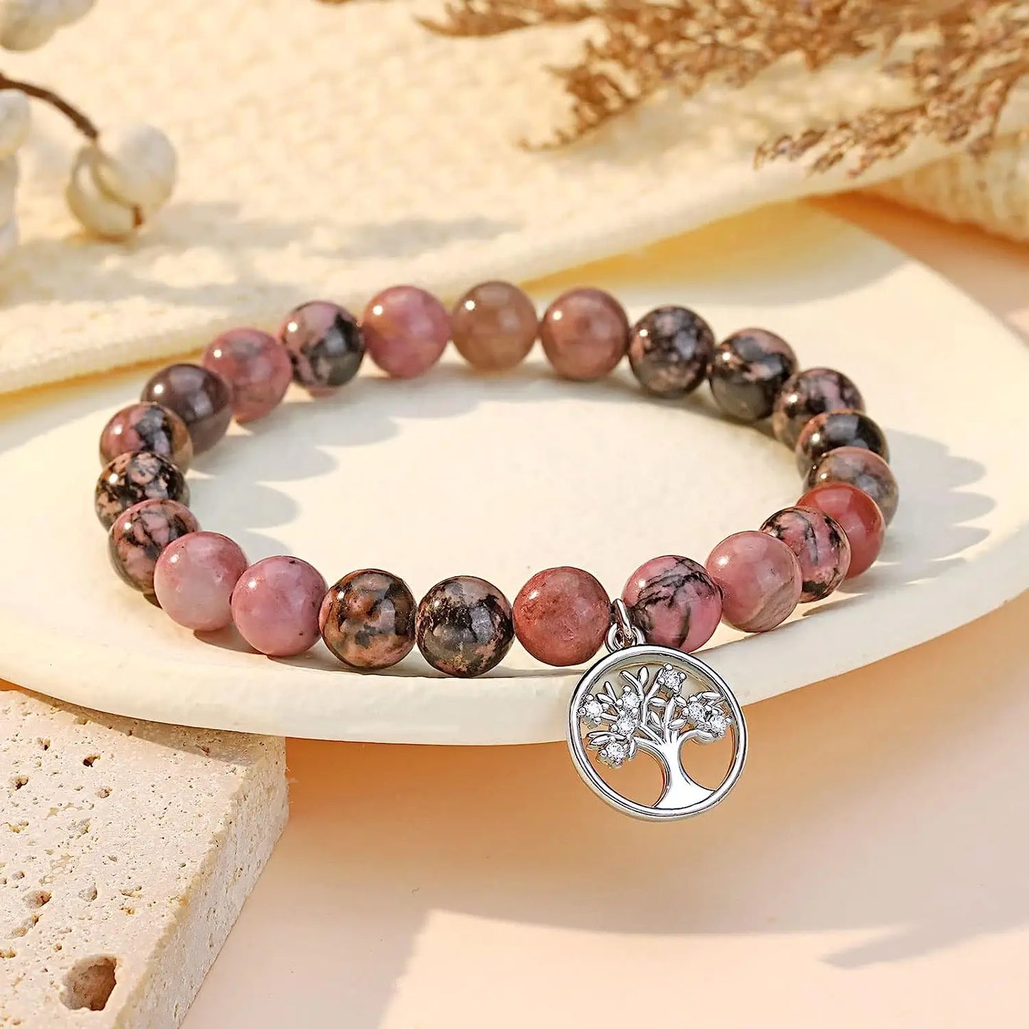 Purple Agate Bracelet Life Tree Card, Rhodochrosite Beaded Natural Stone Bracelet, Nana/Grandma/Mom Birthday Christmas Day Gifts