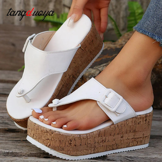 Women Beach Flip Flops Slippers Summer Slipper New Woman Metal buckle design High Heels Female Fashion Slides Wedges Sandals