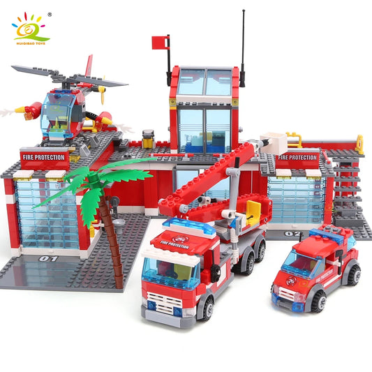 HUIQIBAO 774pcs City Fire Station Model Building Blocks Boys Firefighter Truck Educational Construction Bricks Toys For Children.