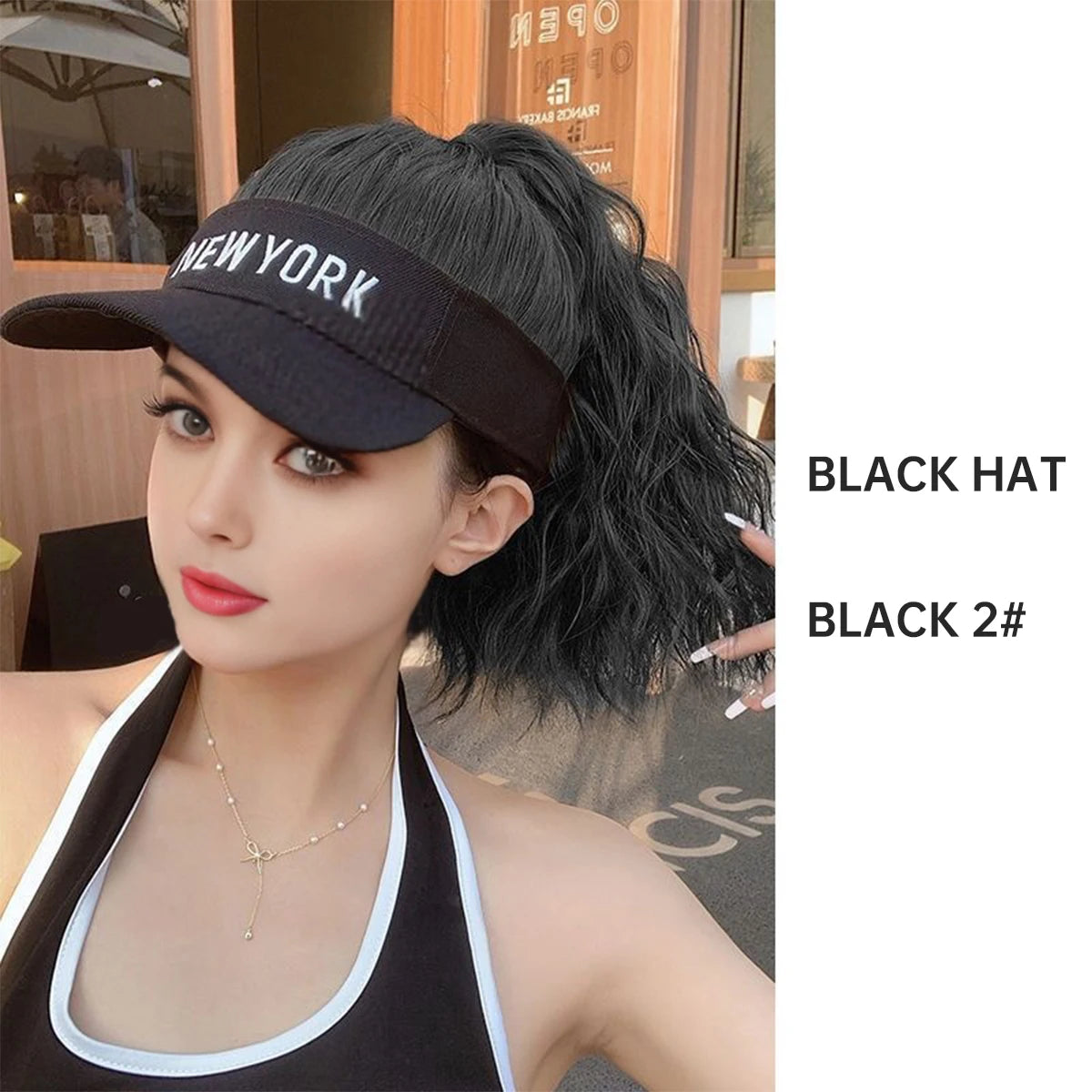 Synthetic Adjustable Cap Wig Hair Extension Black Curly Ponytail Cheap Wigs On Sale Clearance Woman Hat For The Sun Sporty