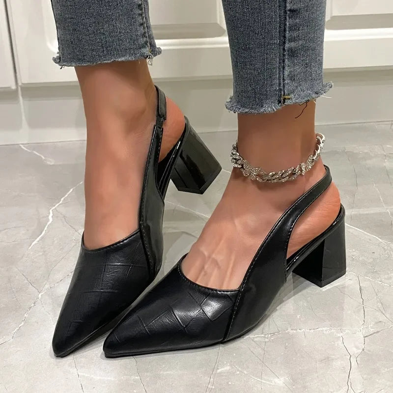 2024 New Hot Selling Summer Women's Pointed Toe High Heels Medium Thick Heel Sandals Summer New Women's Single Shoes Zapatos