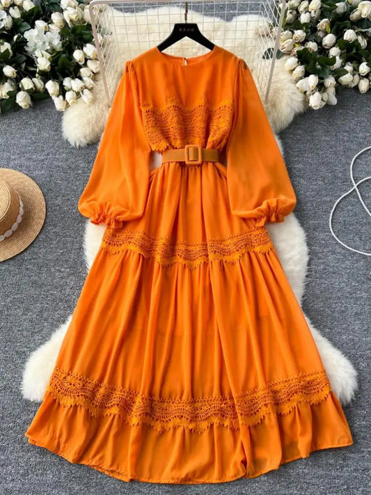 Vintage French Fashion Women Solid Round Neck Lace Patchwork Long Dress Autumn Lantern Sleeves Evening Party Ruffles Dress Trend