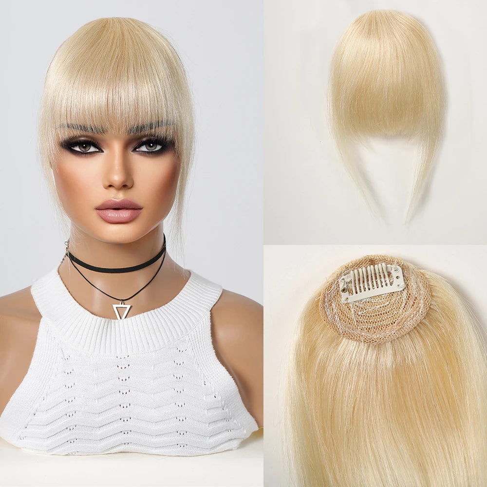 Golden Blonde Human Hair Fringe Bangs Clips in Straight 3D Air Fringe Bangs for Women Remy Human Hairpiece Light Hair Extensions