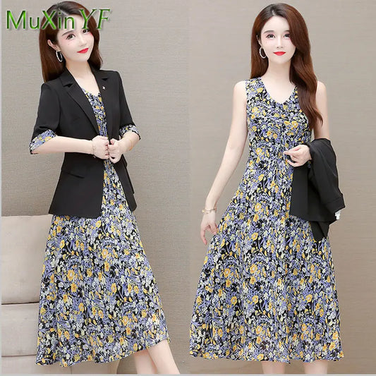 Women's Summer Casual Short Sleeve Suit Dress Suit 2022 New Korean Elegant Blazers Floral Chiffon Sling Dresses Two Piece Set