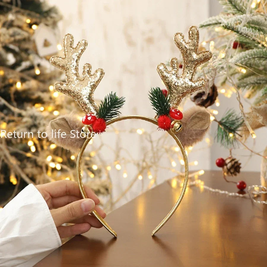 Christmas Headband Xmas Elk Horn Bell Sequin Christmas Hair Band Happy New Year Photo Props Merry Christmas Decor Gifts for Kids