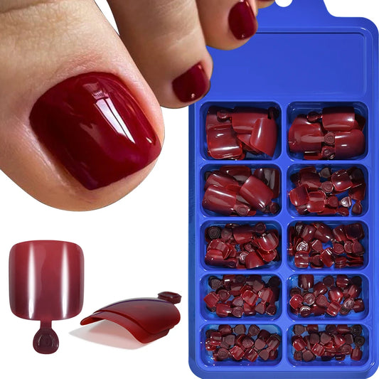 100PC Red Color Press on Toenails Full Cover Soild/Clear/White Short Square Fake Toes Nails False Nail Tips for Women Feet Decor