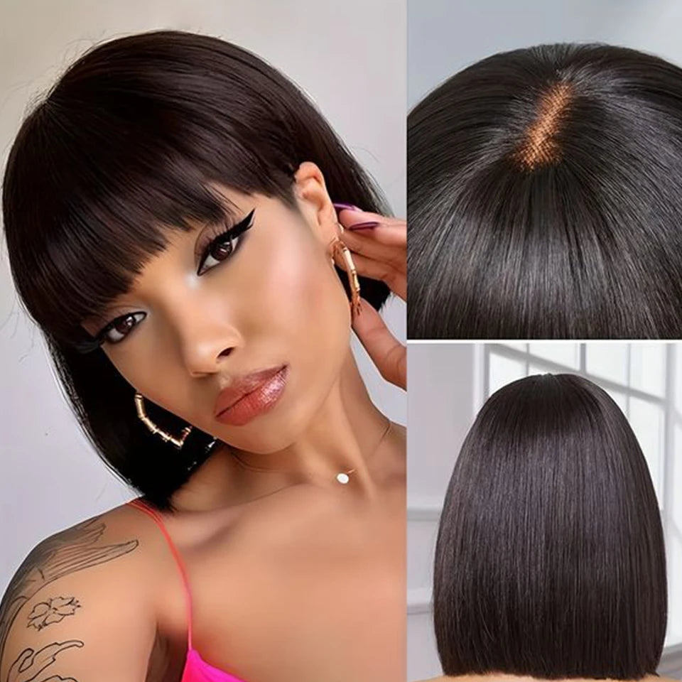 Brazilian Straight Bob Lace Wigs Glueless Straight Human Hair Wigs With Bangs Fringe Middle Part Bob Lace Wigs Realistic Scalp