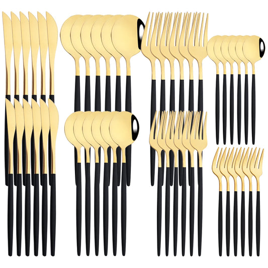 48pcs Black Gold Cutlery Set Knife Dessert Fork Coffee Spoon Dinnerware Stainless Steel Tableware Western Party Kitchen Flatware