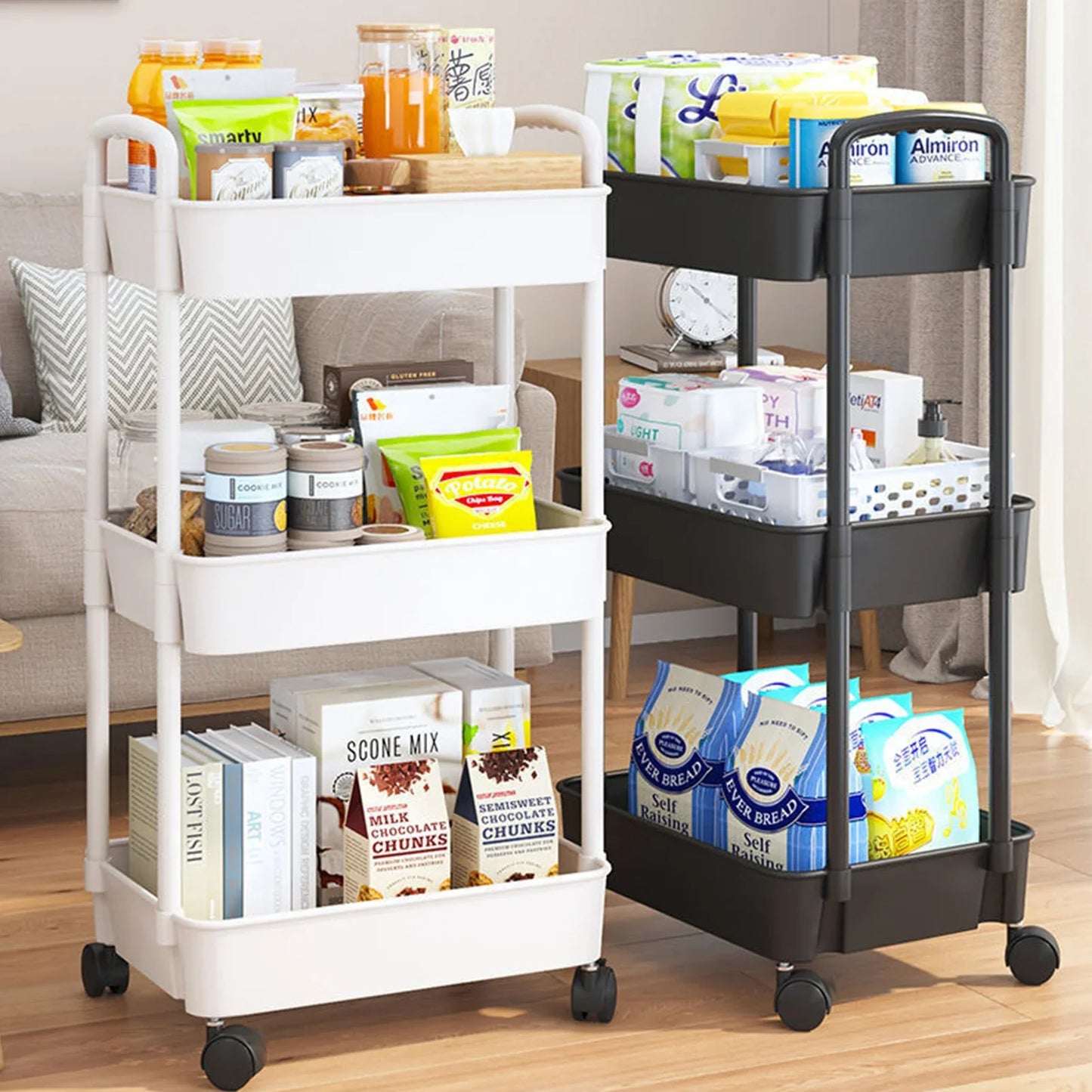 3/4 Tier Rolling Cart Storage Shelf Large Capacity Movable Gap Storage Rack Kitchen Bathroom Organizer Snack Cosmetic Holder