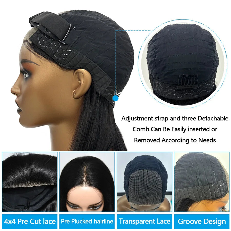 Bob Glueless Wig Human Hair Ready To Wear Short Bob Wig Lace Front Human Hair Wigs 4X4 Transparent lace CLosure Wigs Glueless Preplucked Human Wigs Ready To Go 1-3 Working Days Fast Delivery  For Black Women