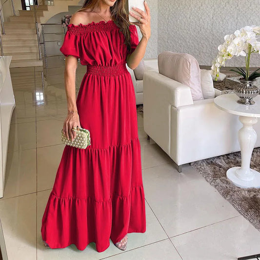 2023 Summer Vestidos Red Short Sleeve Sexy Club Party Evening Long Dress Slim Solid Color Robe Ruffles Elastic Waist Slash Neck