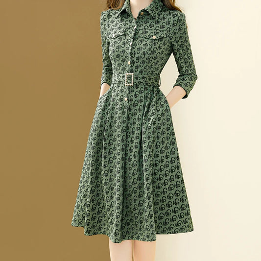 EVNISI Elegant Women Floral Printing Dress Polo Collar Green Office A-line Dresses With Belt Slim Women Party Vestido Autumn