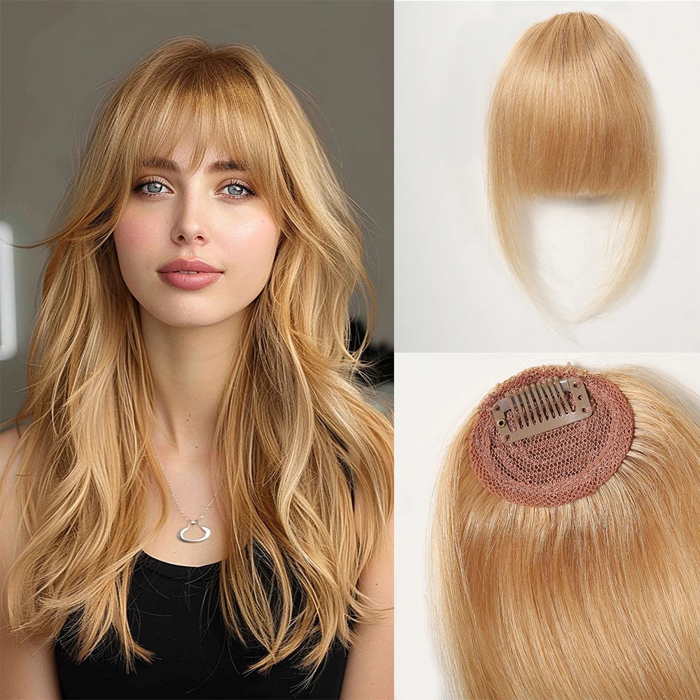 Golden Blonde Human Hair Fringe Bangs Clips in Straight 3D Air Fringe Bangs for Women Remy Human Hairpiece Light Hair Extensions