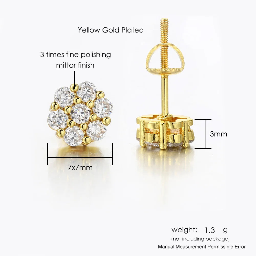 Flower Iced Out CZ Earrings Gold Color Hip Hop Screw Ear Stud For Women Men Cool Punk Hip Hop Jewelry Gifts Wholesale OHE175