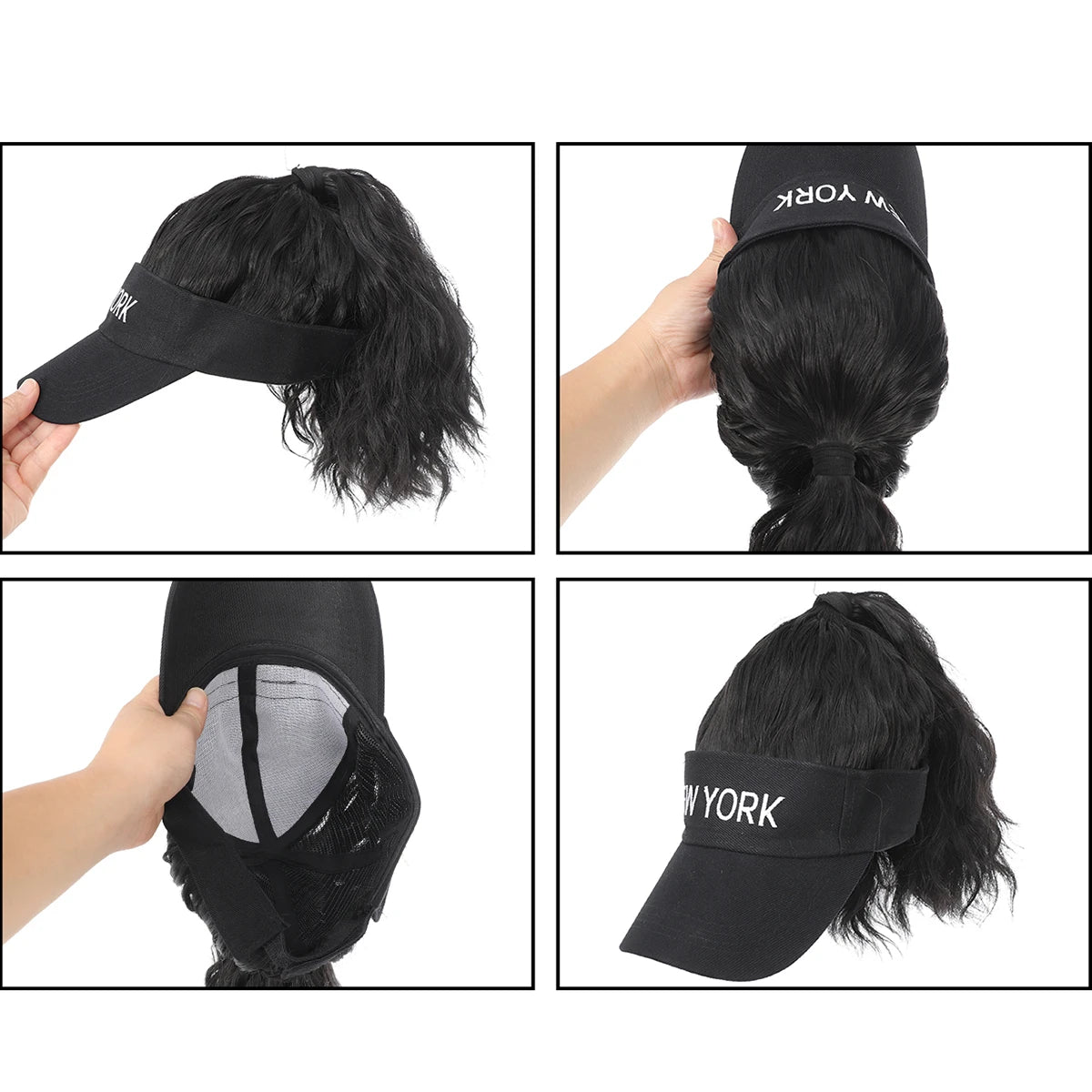 Synthetic Adjustable Cap Wig Hair Extension Black Curly Ponytail Cheap Wigs On Sale Clearance Woman Hat For The Sun Sporty