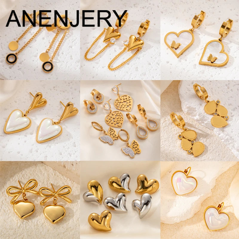 ANENJERY 316L Stainless Steel Geometric Hollow Zircon Simulated-pearl Bow Heart Butterfly Cat Earrings Women's Versatile Jewelry