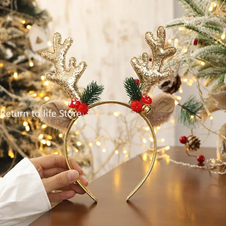 Christmas Headband Xmas Elk Horn Bell Sequin Christmas Hair Band Happy New Year Photo Props Merry Christmas Decor Gifts for Kids