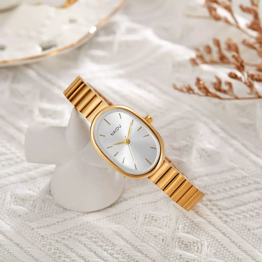 Women Quartz Watch Luxury Oval Shaped Fashion Mini Case Small Roman Numeral Dial Female Full Metal Band Watches Niche Wristwatch