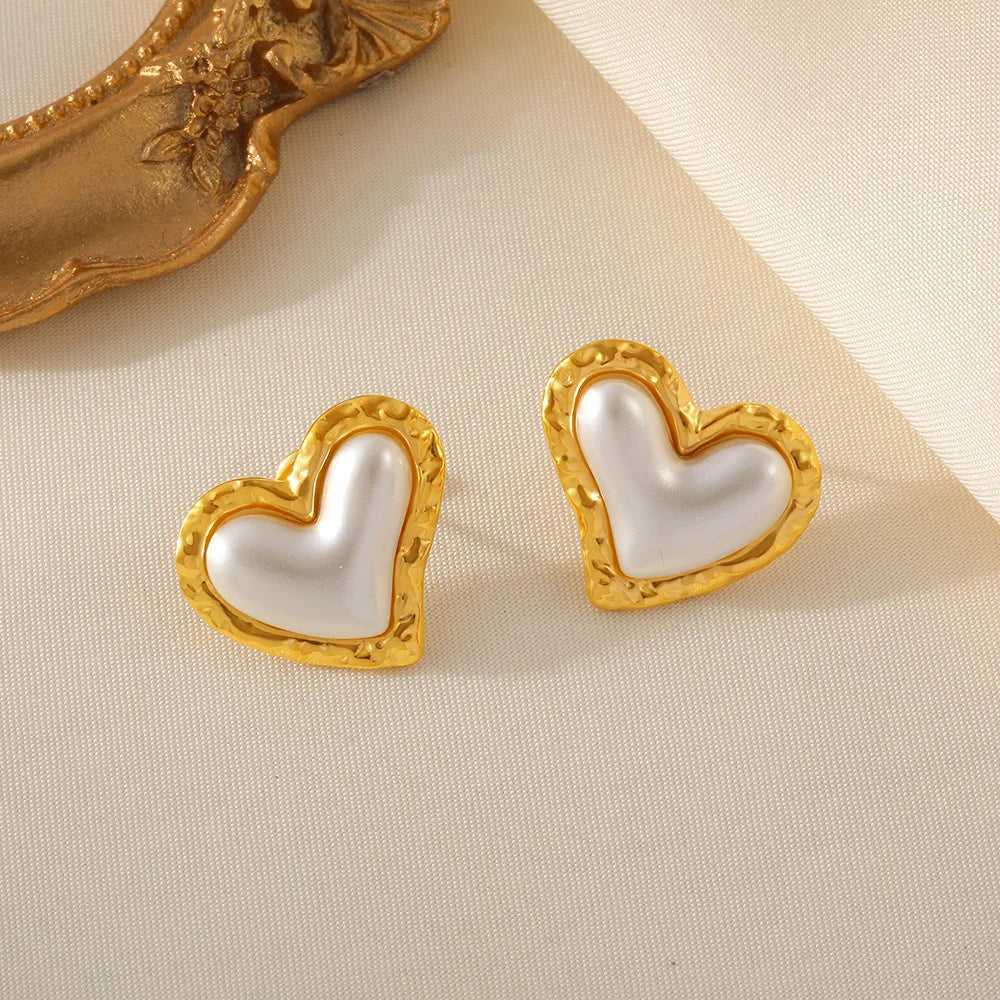 Trendy Stainless Steel Heart Stud Earrings For Women Plastic Pearl Earrings Women Wedding Waterproof Jewelry Gifts