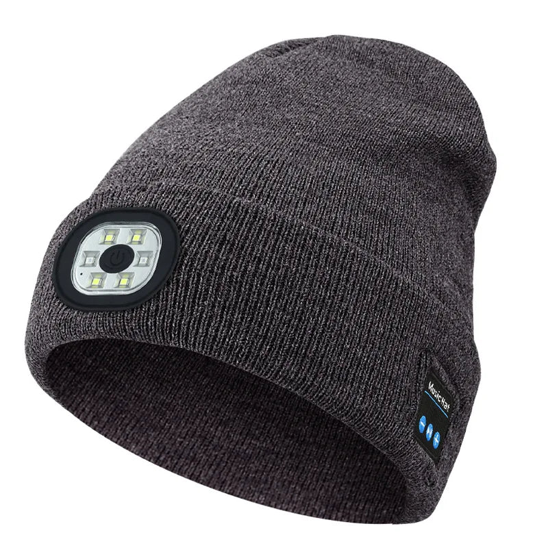 LED Hat Headlight With Bluetooth Wireless Stereo Headset Music Player Dimming Rechargeable Flashlight Unisex Beanie Hat Knitted