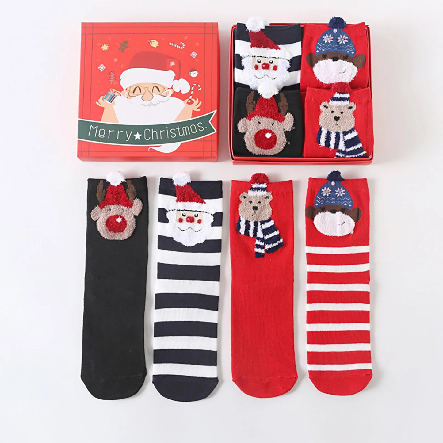 4pcs 2024 New Fashion Christmas Cartoon Cute Socks Gift Box Mid Tube Wnter Women'S Socks