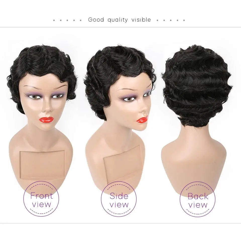 Short Pixie Cut Wigs Human Hair Machine Made Retro Finger Wave Wig Ocean Wave Real Hair Machine Made Wigs for Women,Easy to Wear