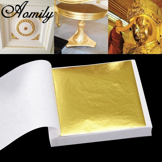 Aomily 9x9cm 100 Sheets Practical K Pure Shiny Gold Leaf for Gilding Funiture Lines Wall Crafts Handicrafts Gilding Decoration