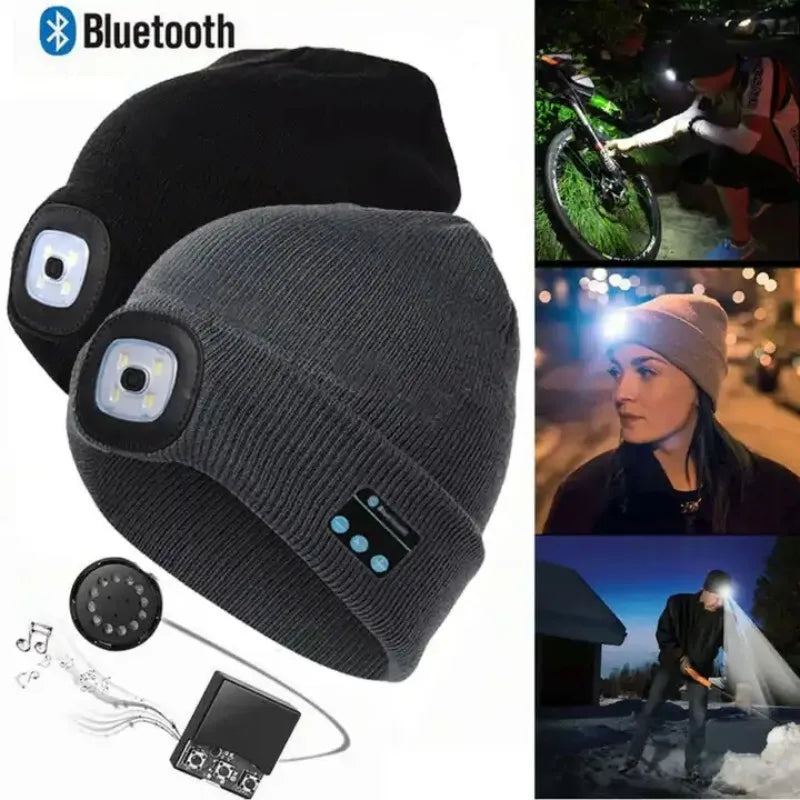 LED Hat Headlight With Bluetooth Wireless Stereo Headset Music Player Dimming Rechargeable Flashlight Unisex Beanie Hat Knitted