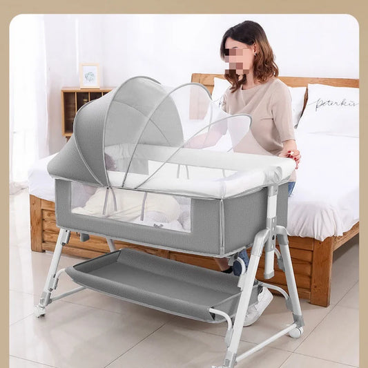 Foldable Baby Crib, Movable Baby Rocking Bed, Spliced Large Bed, Multifunctional, Foldable, Adjustable Height, Spliced