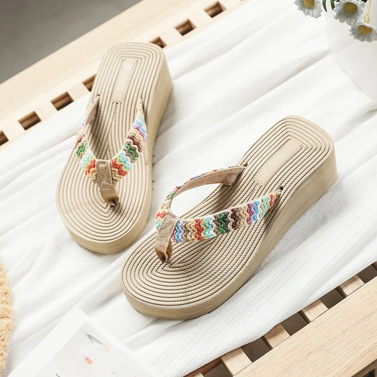 Imitation Straw Flip-flops For Women's Summer Fashion Outerwear Wedge Beach Flip-flops With Sticky Handmade Floral Slippers