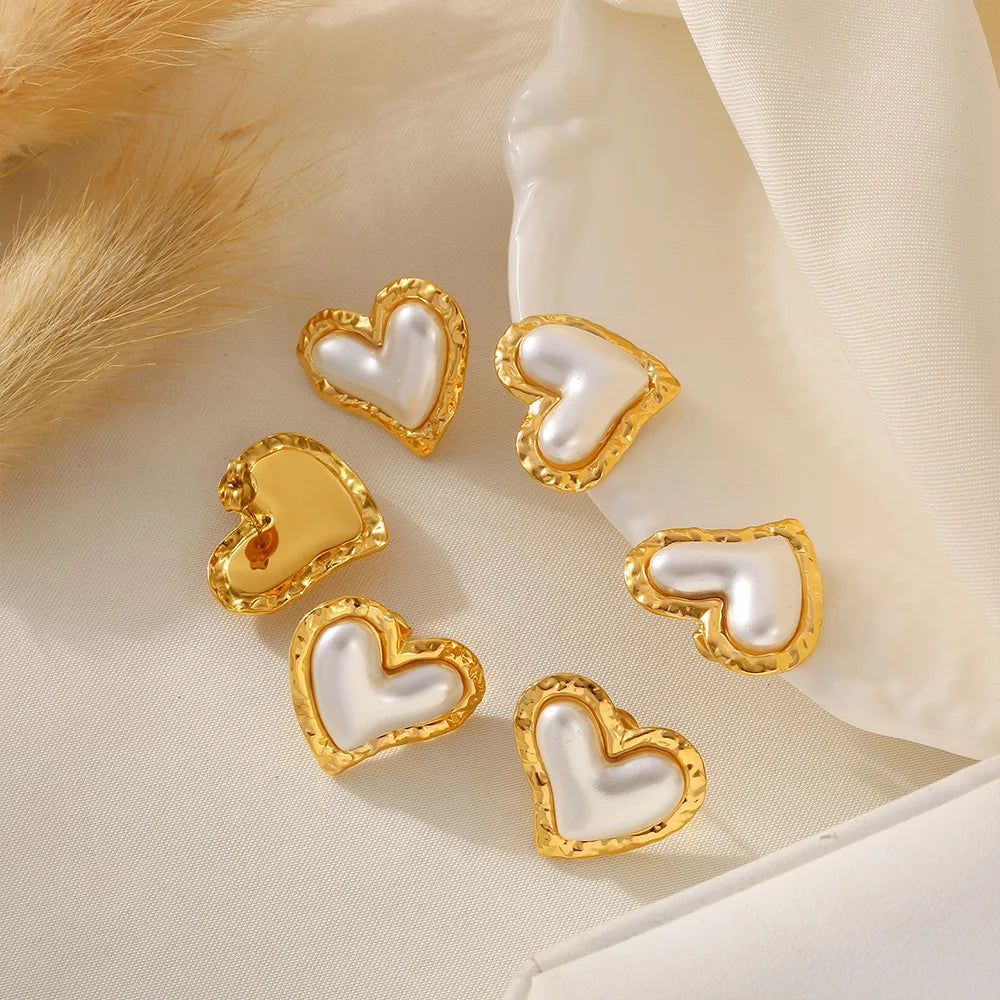 Trendy Stainless Steel Heart Stud Earrings For Women Plastic Pearl Earrings Women Wedding Waterproof Jewelry Gifts