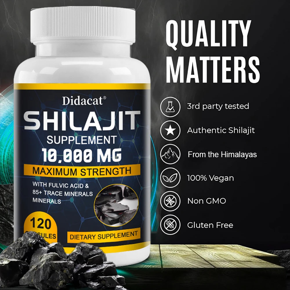 Pure Shilajit Supplement - Maximum Strength with Natural Fulvic Acid & 85+ Trace Minerals, Vegan Friendly Dietary Supplement