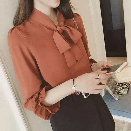 Women's Long Sleeve Shirts Korean Fashion Simplicity Solid Color Lacing Bow Temperament All-match Casual Loose Tops Spring