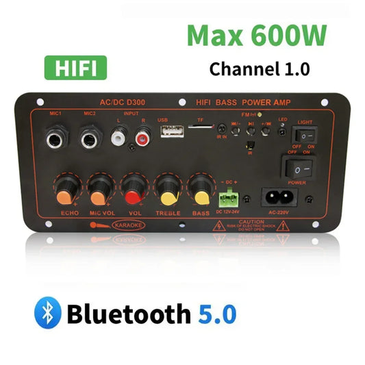 600W Bluetooth 5.0 MP3 Amplifier Board 12V 24V Dual Microphone AMP Module USB TF FM Car Music Lossless Bass Sound for Subwoofer