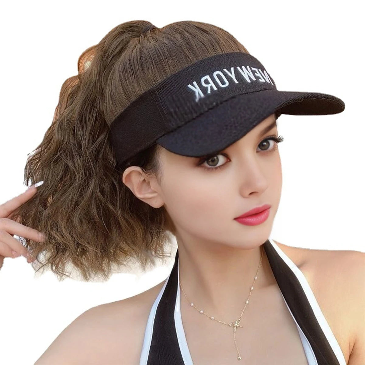 Synthetic Adjustable Cap Wig Hair Extension Black Curly Ponytail Cheap Wigs On Sale Clearance Woman Hat For The Sun Sporty