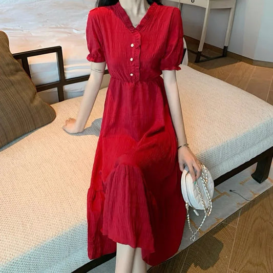 2023 Summer Elegant Red Dress Women's Clothing Summer Dresses Temperament Short Sleeve V-neck Party Dress d120