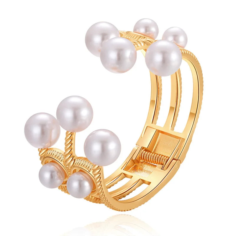 Designer New Vintage Freshwater Pearl Alloy Open Bangles for Women Fashion High-Level Charm Party Trendy Ladies Bangles